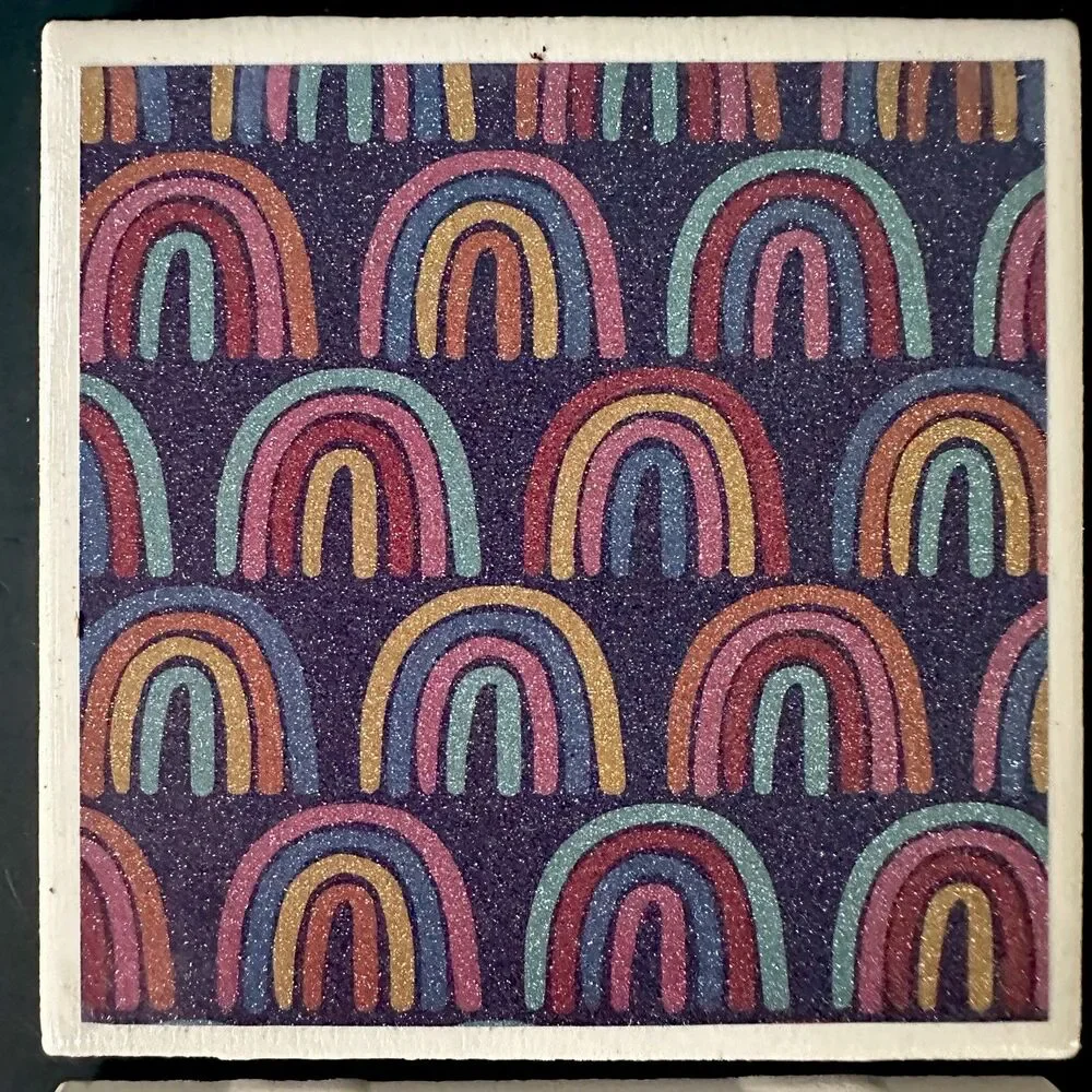 Set of 4 Rainbow Stone Coasters Cork Backed Glitter Retro Boho Dopamine Decor 4”